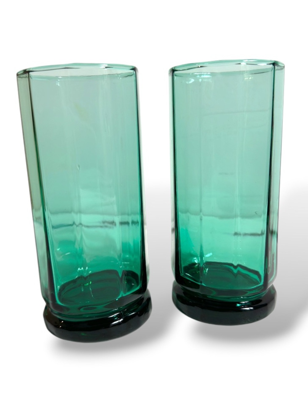 (2) Vintage Anchor Hocking "Essex" Green glass tumbler 10 sided design 16oz
